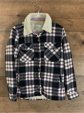 Soho Black and Cream Plaid Brushed Fleece Sherpa Lined Oversized Shirt Jacket